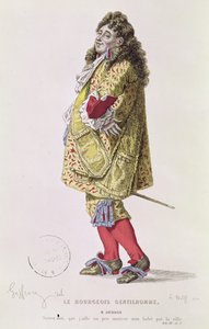 ルートヴィヒ・ヴォルフ（1776）によって彫刻されたモリエール（1622-73）の「ブルジョワ紳士」の第3幕シーン1のムッシュジュルダンのイラスト 作： Edmond A.F. Geffroy